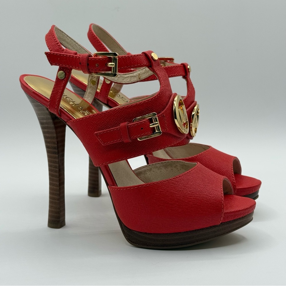 Michael Kors Mackenzie Saffiano Leather Logo Platform Sandal Luggage Size 7.5M - Picture 4 of 17